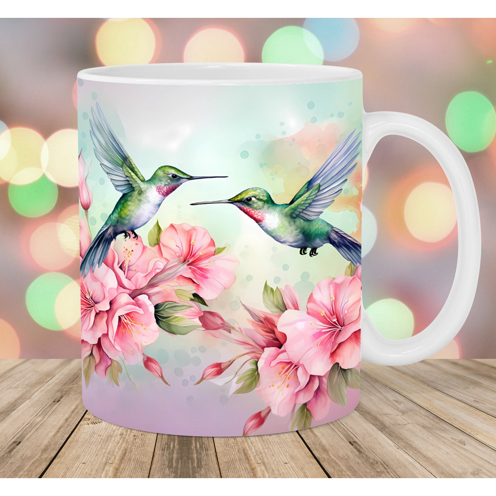 Watercolor Hummingbirds Mug Wrap, 11oz & 15oz Mug Template, Flower Mug Sublimation Design, Mug Wrap Template, Instant Digital Download PNG.jpg