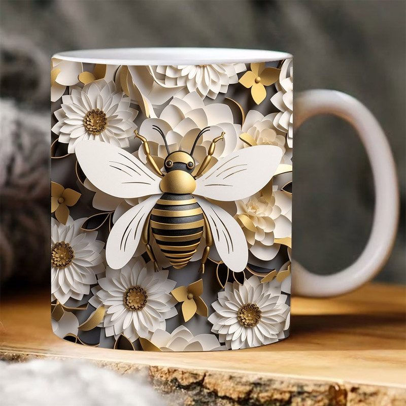 3D Bee Floral Mug Wrap Design, 3D White Flower Mug Wrap Png, 3D Mug Design 11oz 15oz Floral Wrap 3D Bee Png Digital File.jpg