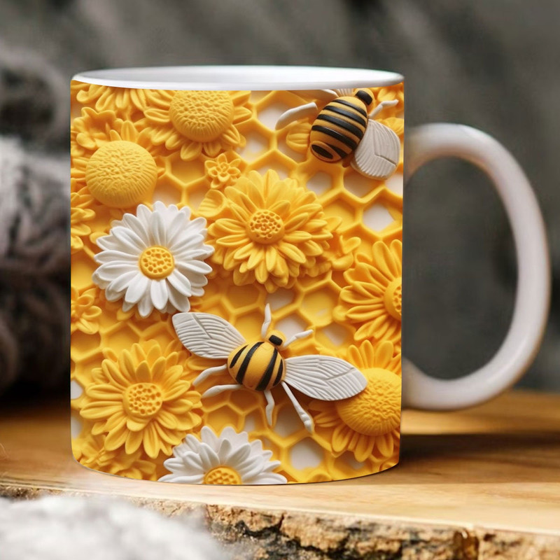 3D Bee Mug Wrap, 3D Bee Floral Mug Wrap, 11oz And 15 Oz Mug Sublimation Design, Embossed Flowers, 11oz Mug Png, 15oz Mug PNG.jpg