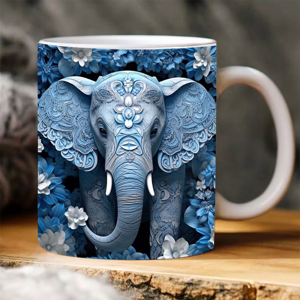 3D Blue Elephant Flowers Mug, 3D Elephant Mug Wrap, 3D White Flowers Mug Design Sublimation, Floral Mug PNG, 11oz,15oz Mug Sublimation Png.jpg