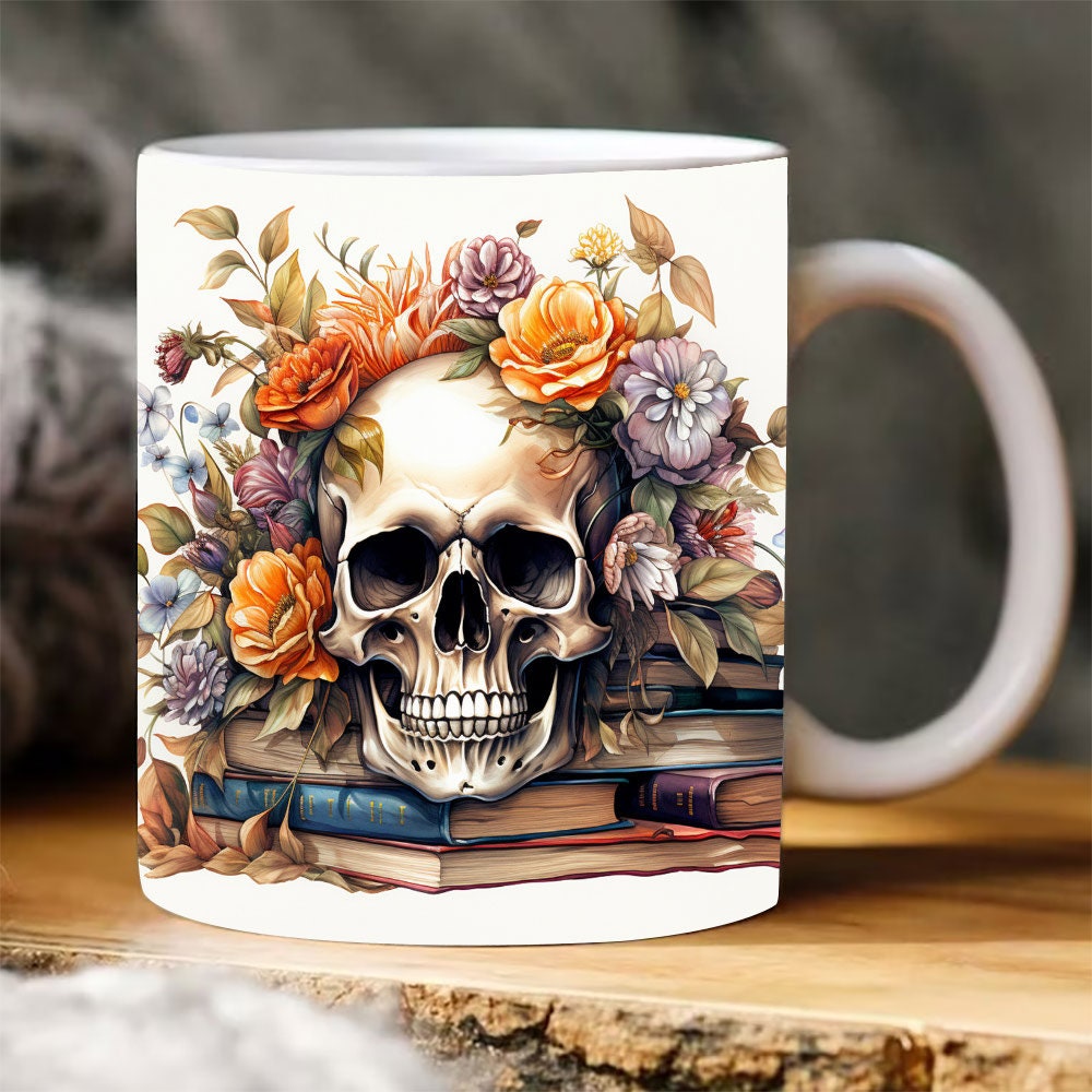 3D Book With Floral Skull 11oz 15oz Mug Wrap, Skull Books PNG, Book Lover Gift, Watercolor Skull Mug Sublimation Design, Halloween books Mug.jpg