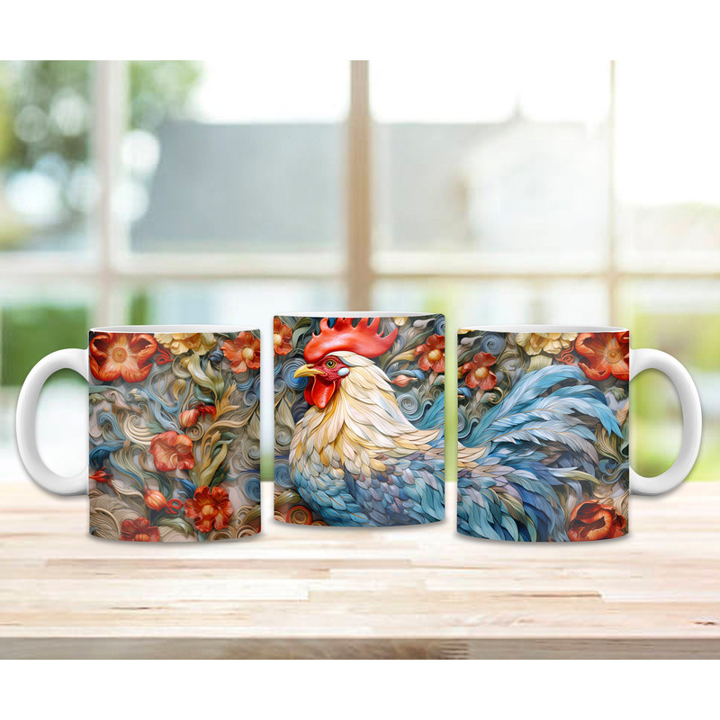 3D Chicken Flowers Mug Wrap, 11oz 15oz Mug Design, 3D Farm Mug Sublimation, Chicken Mug Wrap, Bright Flowers, 3D Rooster Floral Mug Png.jpg