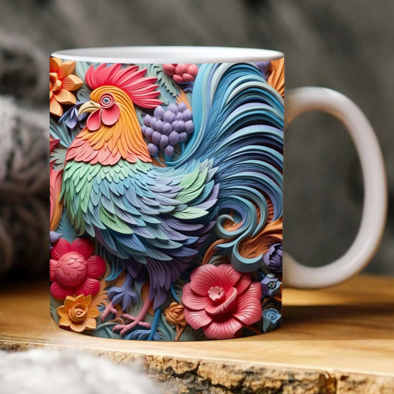 3D Chicken Flowers Mug Wrap, 11oz 15oz Mug Design, 3D Farm Mug Sublimation, Chicken Mug Wrap, Rooster Floral Mug Png.jpg