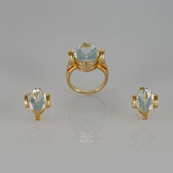 Yellow Gold Set Ring-Earring With Natural Aquamarine Stones
