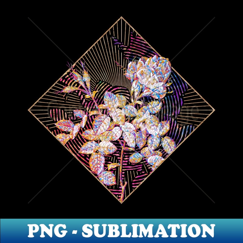 Dwarf Damask Rose Floral Rainbow Mosaic - Retro PNG Sublimation Digital Download