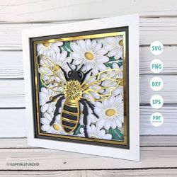 3d bee and daisies shadow box svg, 3d bee shadow box svg, 3d daisy shadow box svg, 3d svg, 3d layered svg, mandala svg,
