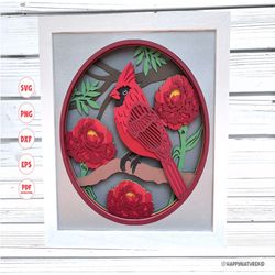 3d cardinal with carnations shadow box svg, bird shadow box svg, 3d layered svg, svg files for cricut, cricut projects,