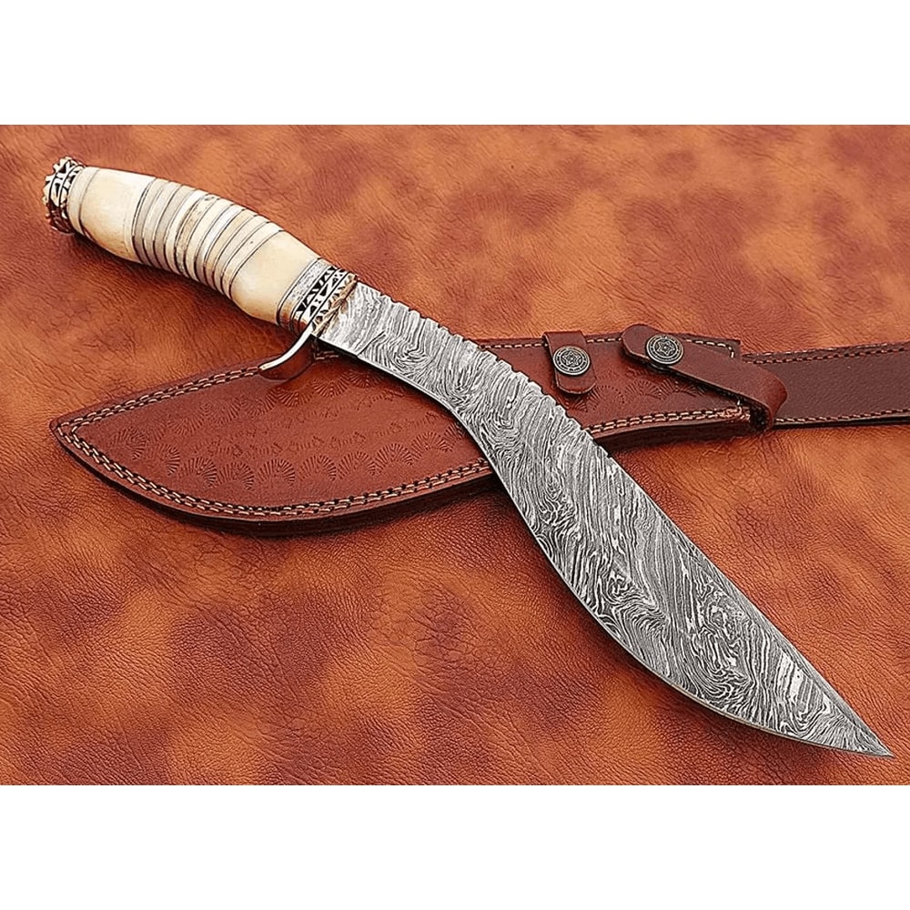 HandForged Damascus Steel Kukri Bowie Knife Camel Bone Handle 15 Vintage Hunting Knife W Leather 0