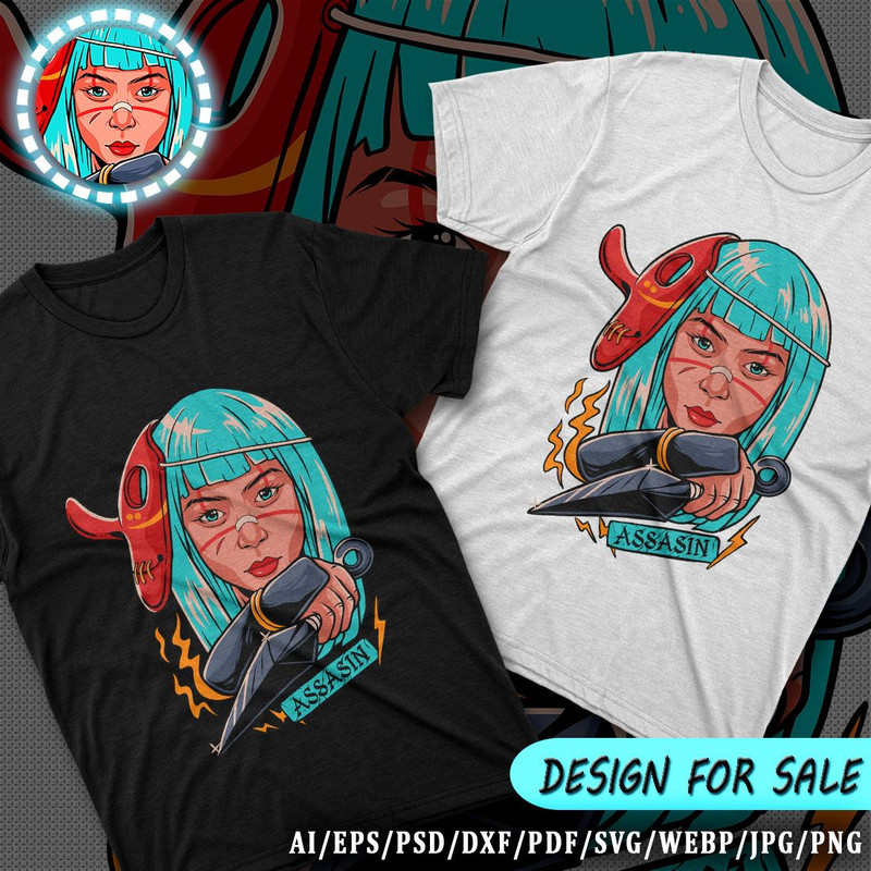 Assassin Girl Vector TShirt Design AI EPS PSD PDF DXF SVG WEBP JPG PNG 1