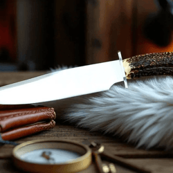hand forged d2 steel bowie knife | stag horn handle & brass guard | hunting knife with leather sheath