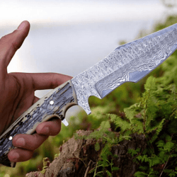 damascus steel hunting knife | stag horn handle | 7.5" outdoor blade + leather sheath | compact knife gift for husband