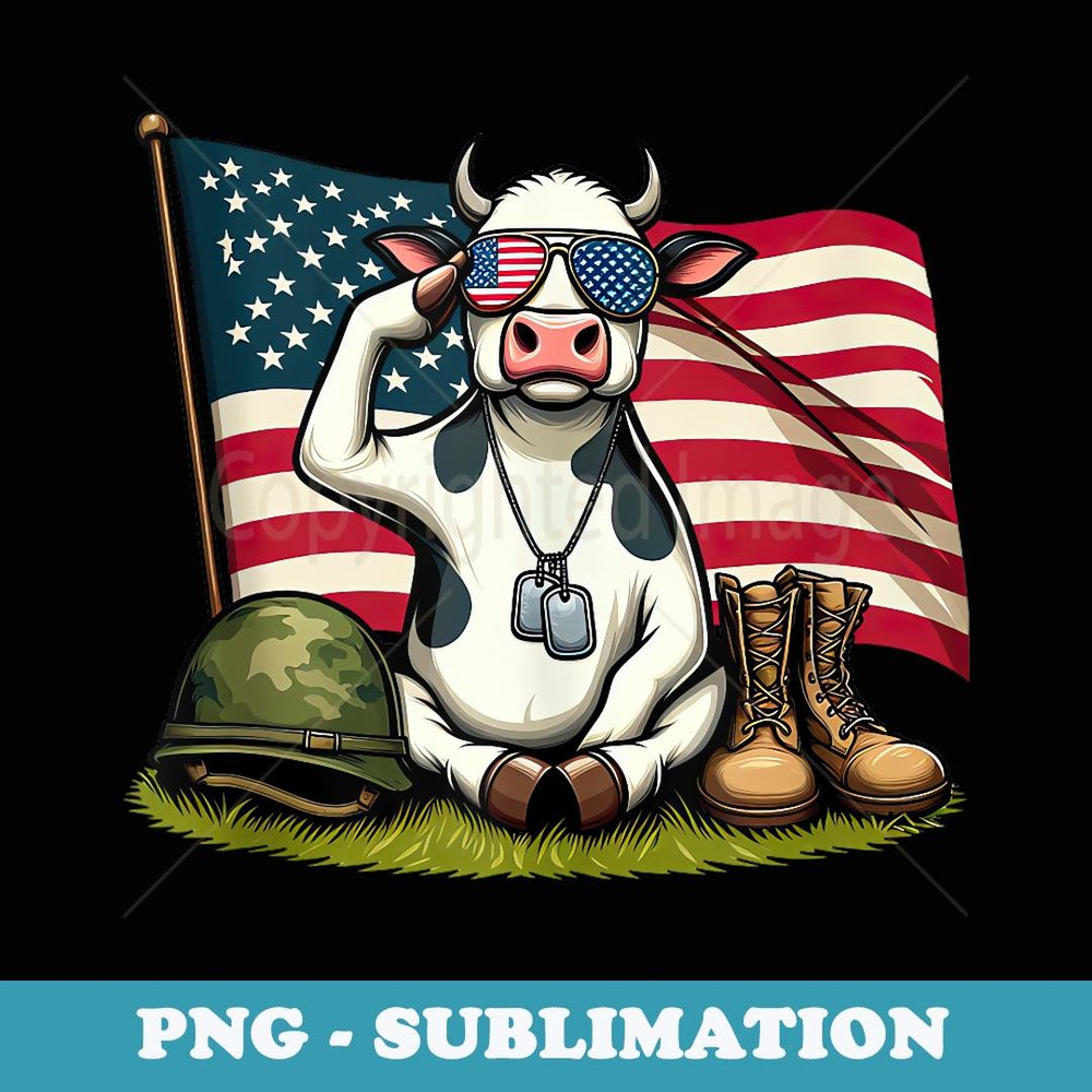 Salute Cow American USA Flag Memorial Day 4th of July - Vintage Sublimation PNG Download