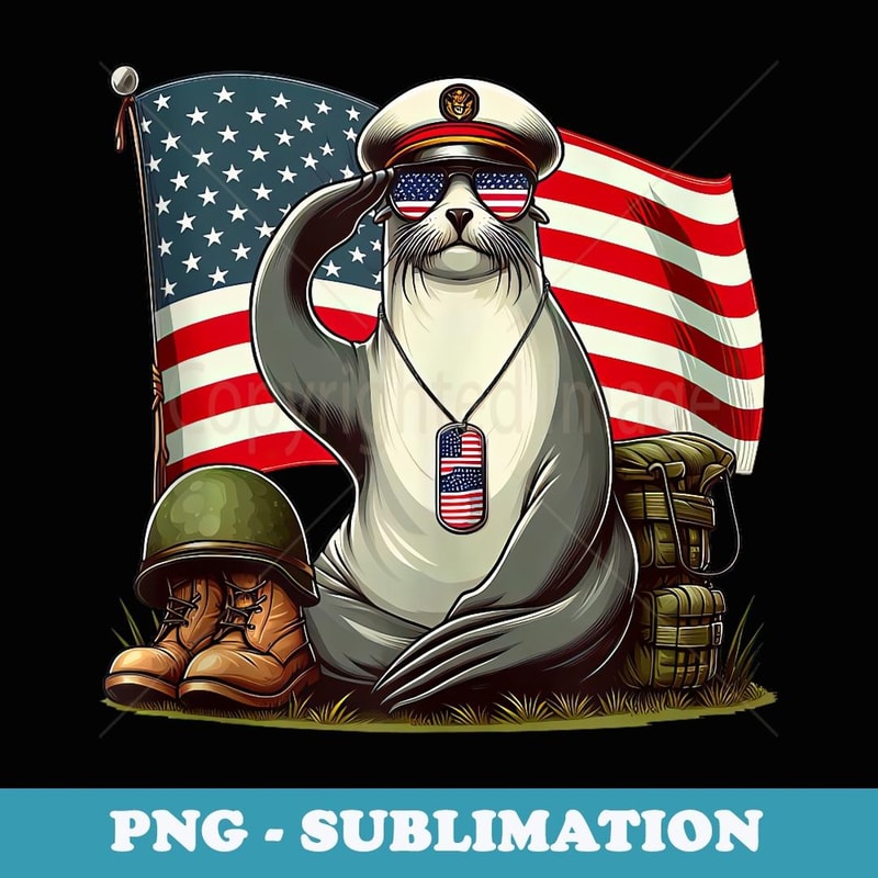 Salute Sea Lion American USA Flag Memorial Day 4th of July - Unique Sublimation PNG Download