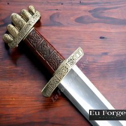 hand forged viking sword, medieval sword, bronz & wood handle, long sword with amazing scabbard, wedding gift