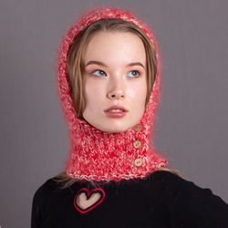 Mohair balaclava with buttons. Unisex. Red cream color
