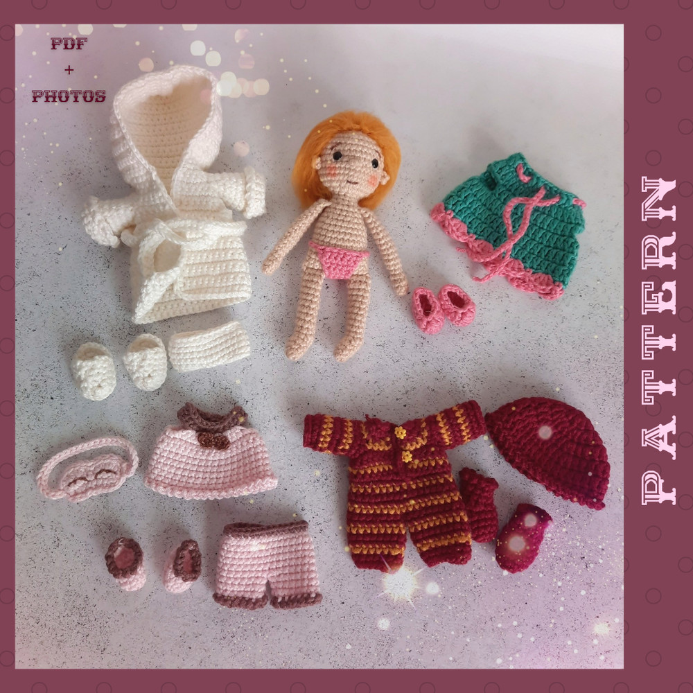 Amigurumi Crochet Doll And 4 Sets Of Doll Clothes Clothing PDF Crochet Pattern In English For An 472 Inch Doll 0