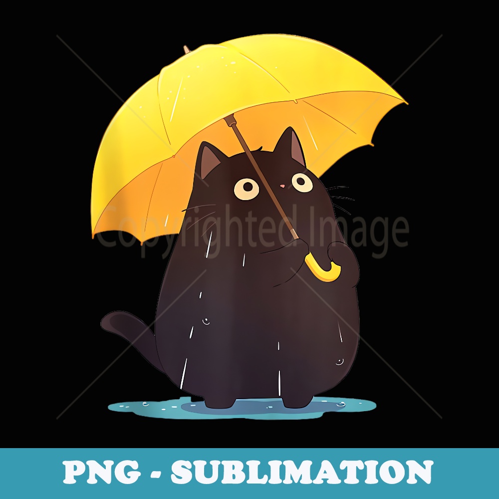 Cute Kawaii Anime Cat Holding Yellow Umbrella In Rain Kitty - PNG Sublimation Digital Download