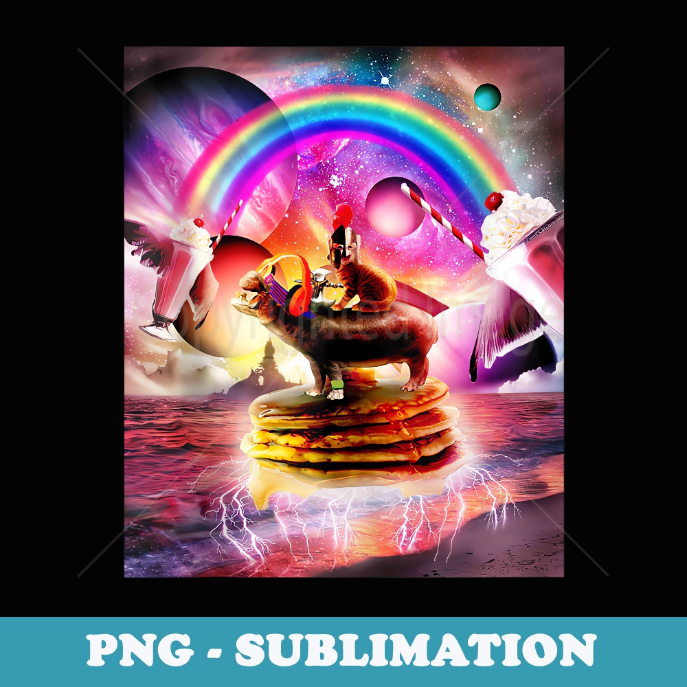 Cat Riding Hippo With Pancakes And Milkshake - Creative Sublimation PNG Download