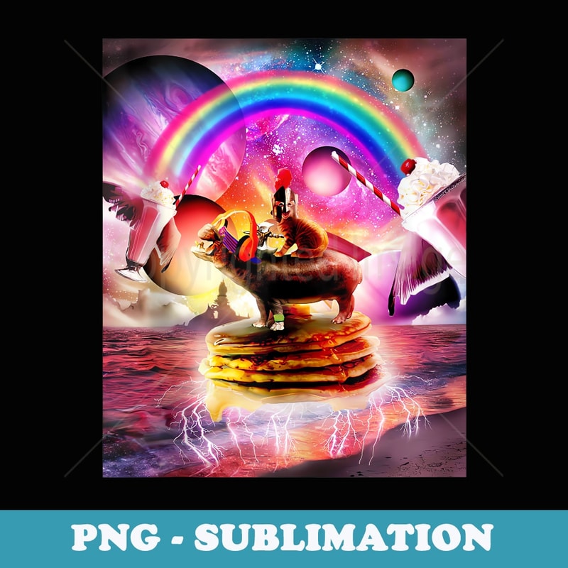 Cat Riding Hippo With Pancakes And Milkshake - Creative Sublimation PNG Download