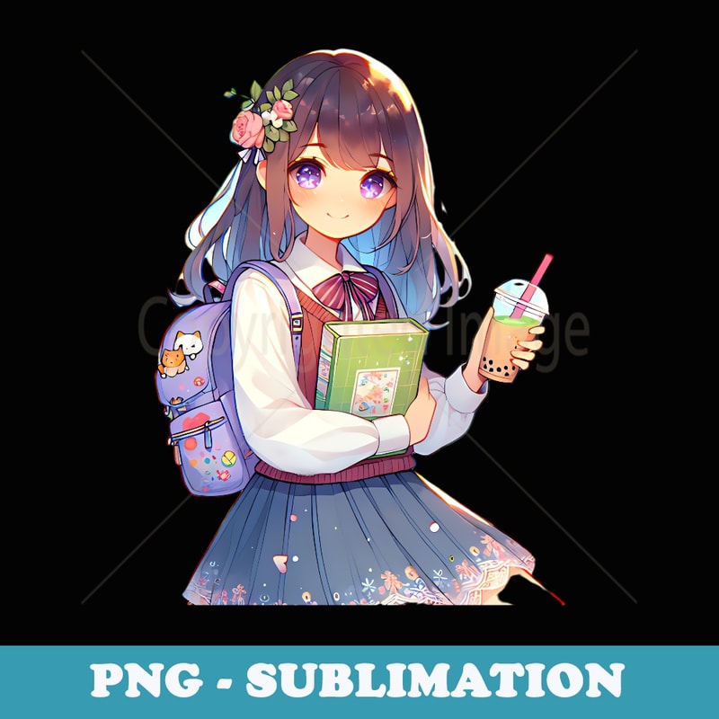 Girl with Books Boba Drink Backpack Cute Japanese Anime - Exclusive Sublimation Digital File