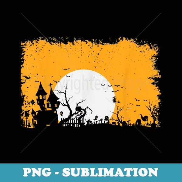 Halloween Haunted House Spooky Graveyard Moon Bats Art - PNG Sublimation Digital Download