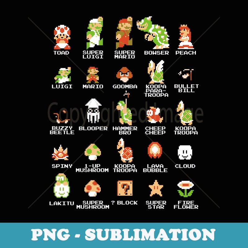Nintendo Super Mario 8-bit Pixel Icons List - High-Resolution PNG Sublimation File