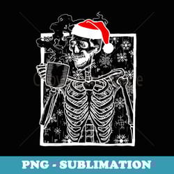 christmas skeleton with smiling skull drinking coffee - instant sublimation digital download