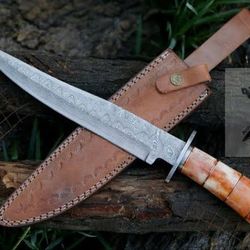 handmade custom forged damascus full tang outdoors survival hunting bowie knife with real leather case