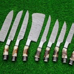 9 pcs real stag hard antler handle sharp damascus steel forge blade hunting outdoors kitchen knives set with roll bag