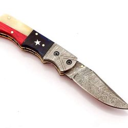 custom made forged damascus everyday carry folder pocket damascus hunting camping knife with leather case