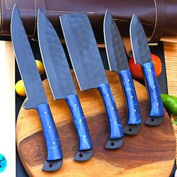handm forged custom made black coated kitchen chef knives set
