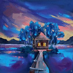 Old House Painting Night Landscape Original Art Impasto Artwork Small Oil Canvas 12 by 12 inches