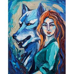 Girl and Wolf Painting Animal Original Art Small Artwork Dark Wall Art