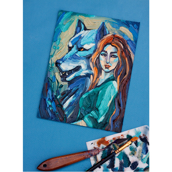 Girl and Wolf Painting Animal Original Art Small Artwork — копия (4).jpg