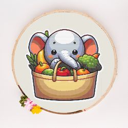 cross stitch pattern - cute elephant in basket - animal cross stitch embroidery pdf stitching pattern