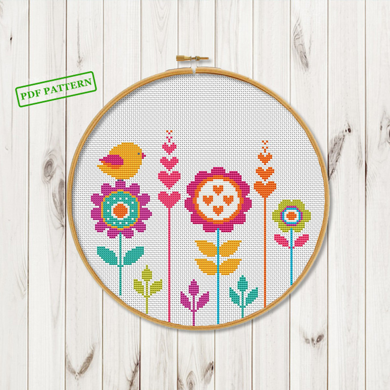 Cross Stitch Flowers Pattern Hoop Art Cross Stitch Bird On Flower 0