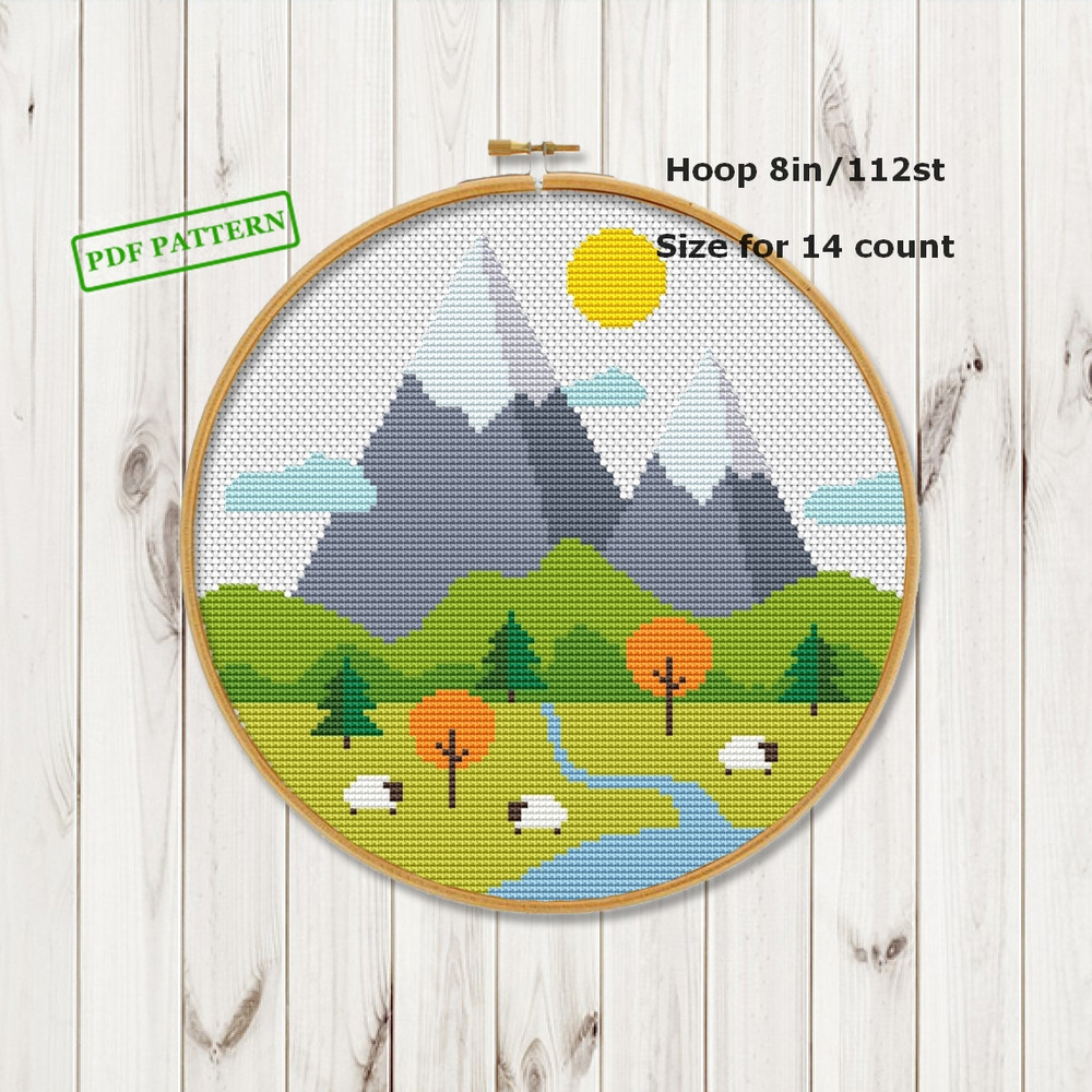 Cross Stitch Landscape Pattern Modern Mountain Nature Hoop Art Xstitch 1