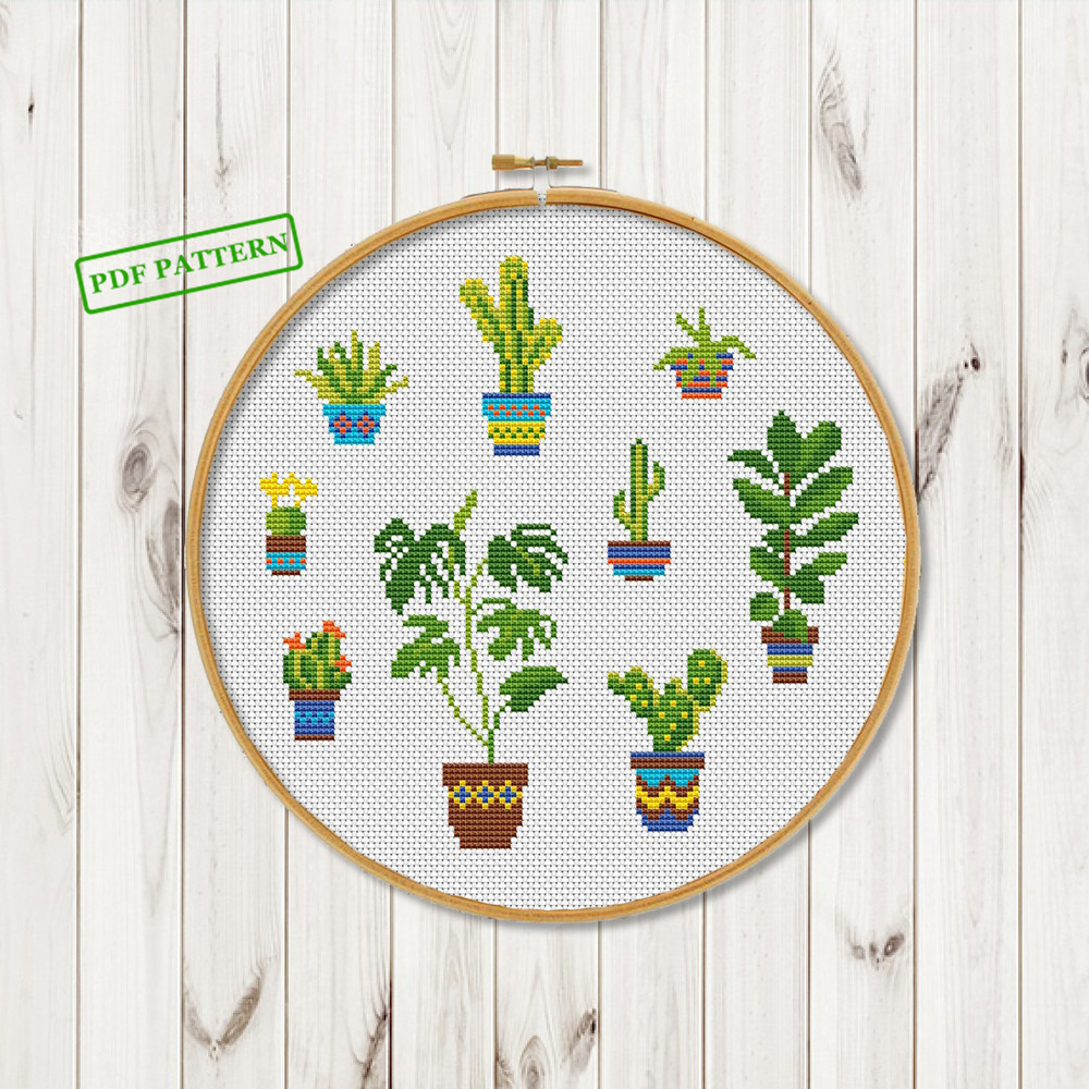 Cross Stitch Modern Pattern Cactus Succulent Hoop Art Xstitch Chart 0