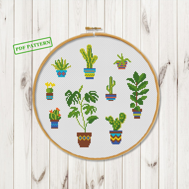 Cross Stitch Modern Pattern Cactus Succulent Hoop Art Xstitch Chart 0
