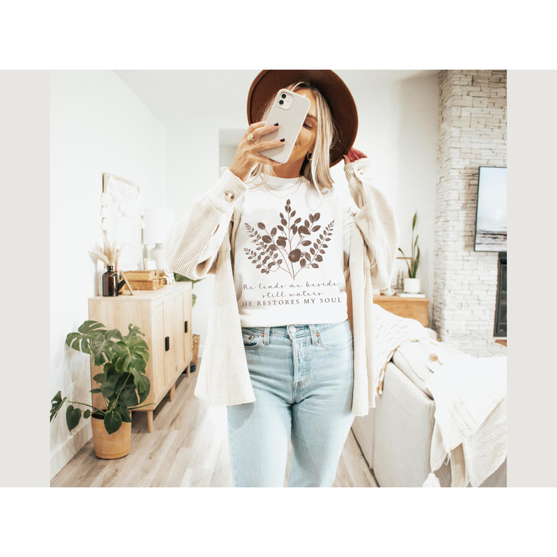 He Leads Me Beside Still Waters T Shirt Christian T Shirt For Women Floral Bible Verse Tee Faith Ba 5
