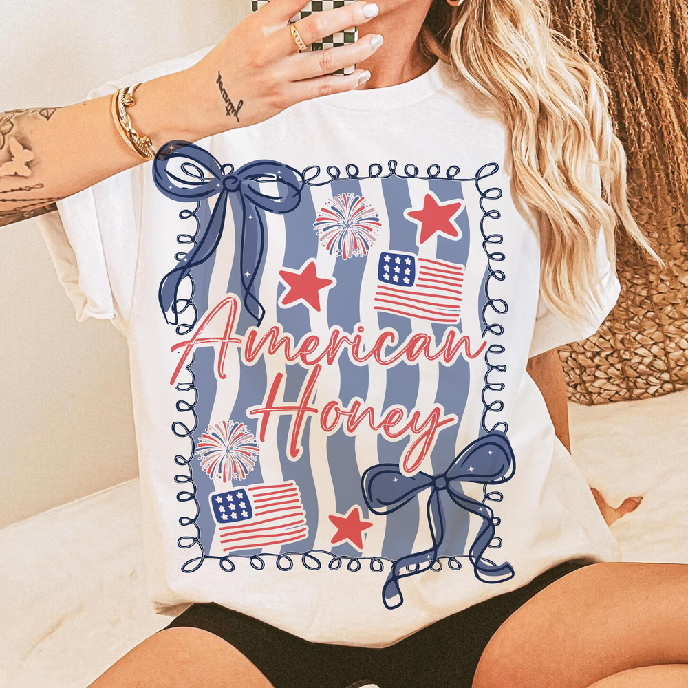American Honey Coquette Tshirt Preppy 4th Of July Tshirt Girly Memorial Day Vintage USA Independenc 4