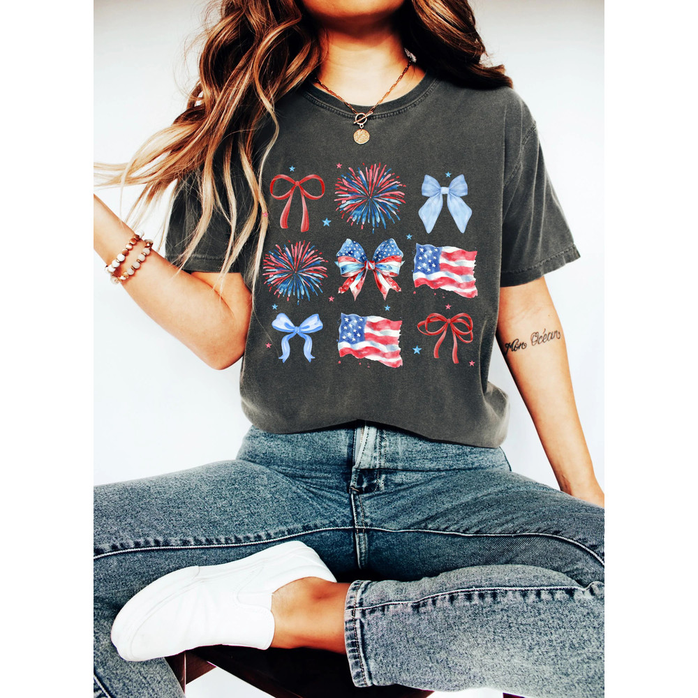 Coquette Bow Firework 4th Of July Shirt American Flag Shirt USA Tshirt Retro 4th Of July Shirt Tren 0