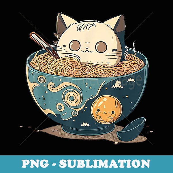 Ramen bowl Cat Neko Kawaii Retro Japanese aesthetics Anime - Trendy Sublimation Digital Download