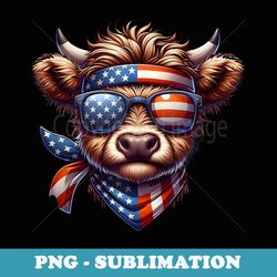 highland cow 4th of july american flag theme with sunglasses - vintage sublimation png download