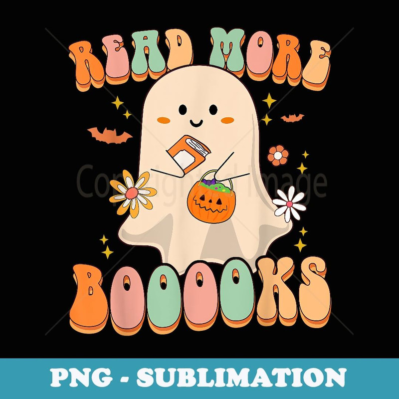 Cute Ghost Book Reading Halloween Boo Teacher - Retro PNG Sublimation Digital Download