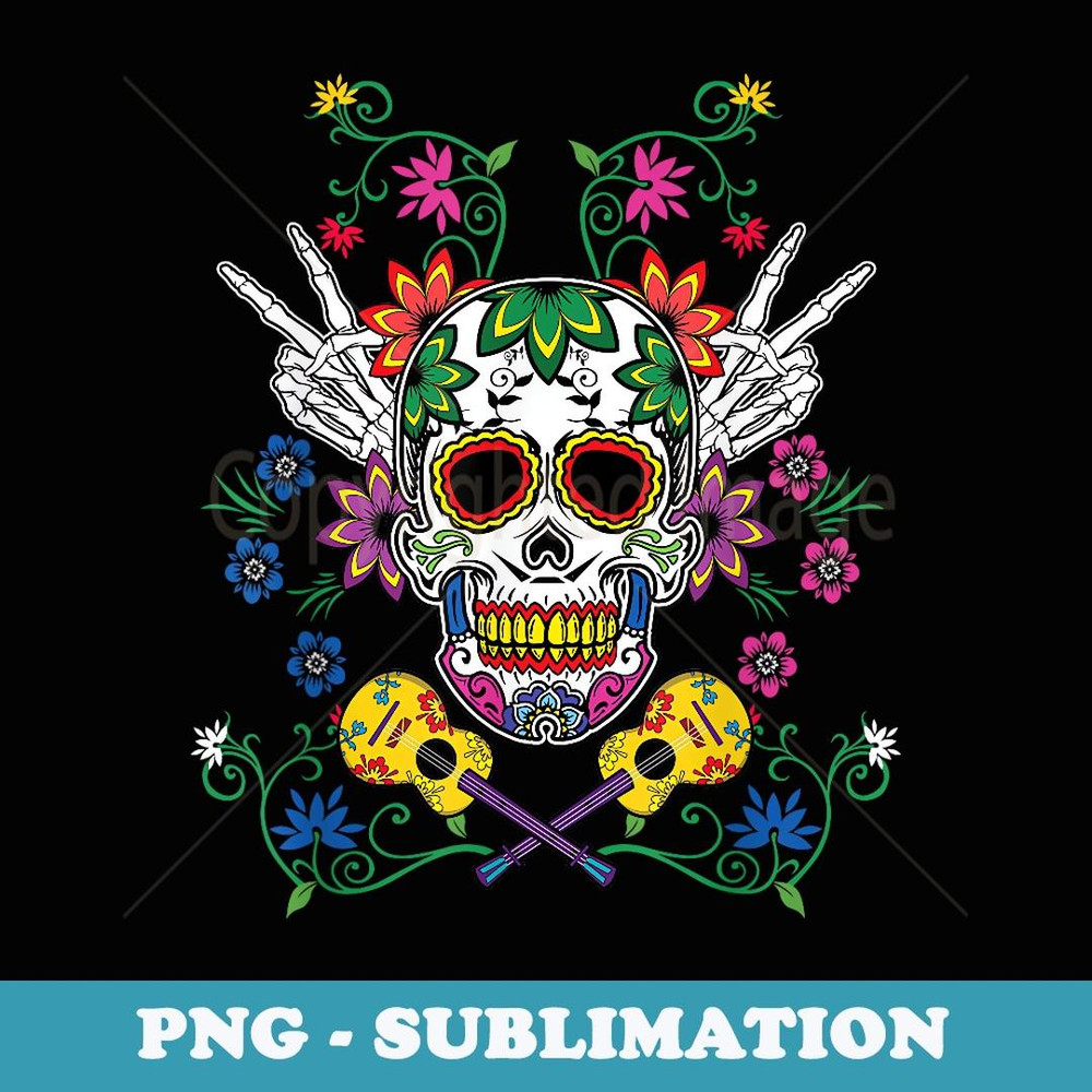 Floral Sugar Skull Souls Day Of Dead Guitar Guitarist - PNG Transparent Sublimation File