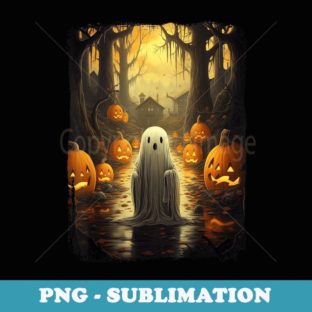 Vintage Cute Ghost Pumpkin Autumn Halloween Gothic Painting - Retro PNG Sublimation Digital Download