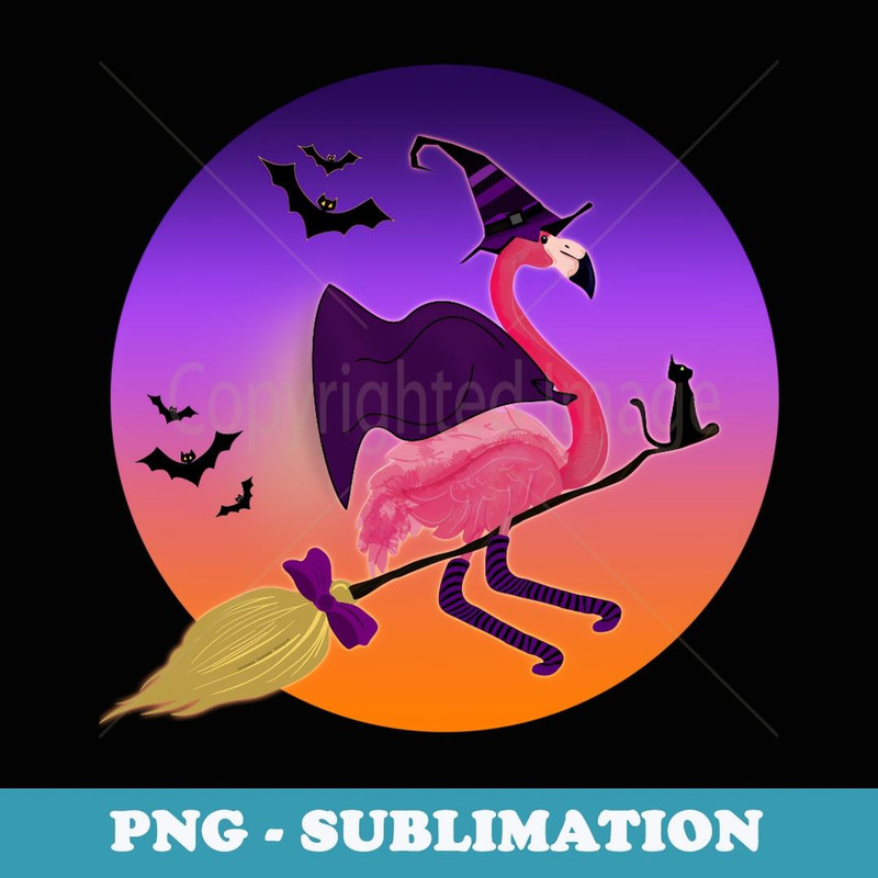 Pink Flamingo Witch Riding Her Broom with Cat Halloween - Creative Sublimation PNG Download