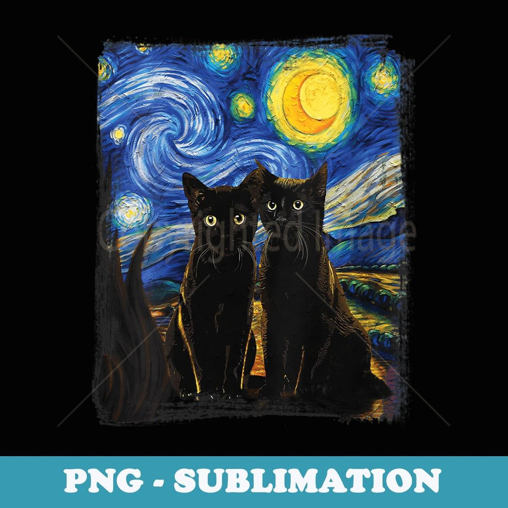 s Starry Night Vincent van Gogh Famous Painting Black Cats - Sublimation Digital Download