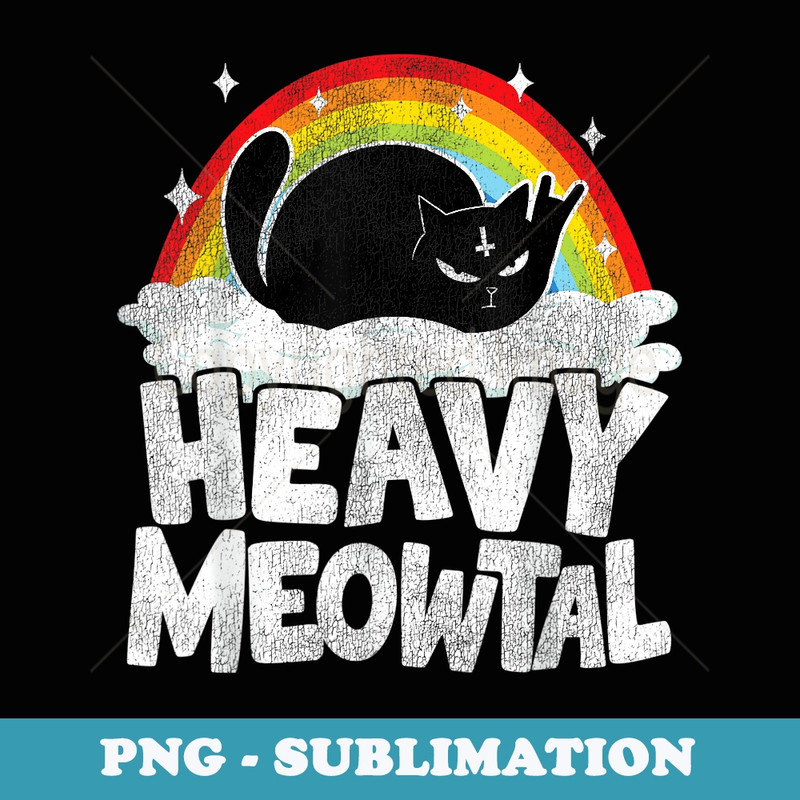 Heavy Meowtal Cat Rainbow Retro Goth Funny Death Metal - Creative Sublimation PNG Download